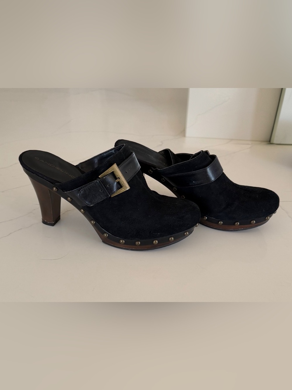 Women’s Bandolino Wood Heel Black Suede Platform Clog Mule Shoe Size 8 Studs